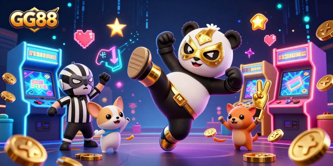 GG88 showcases lively 3D animation of a wrestling panda in a casino, engaging players in exciting games.