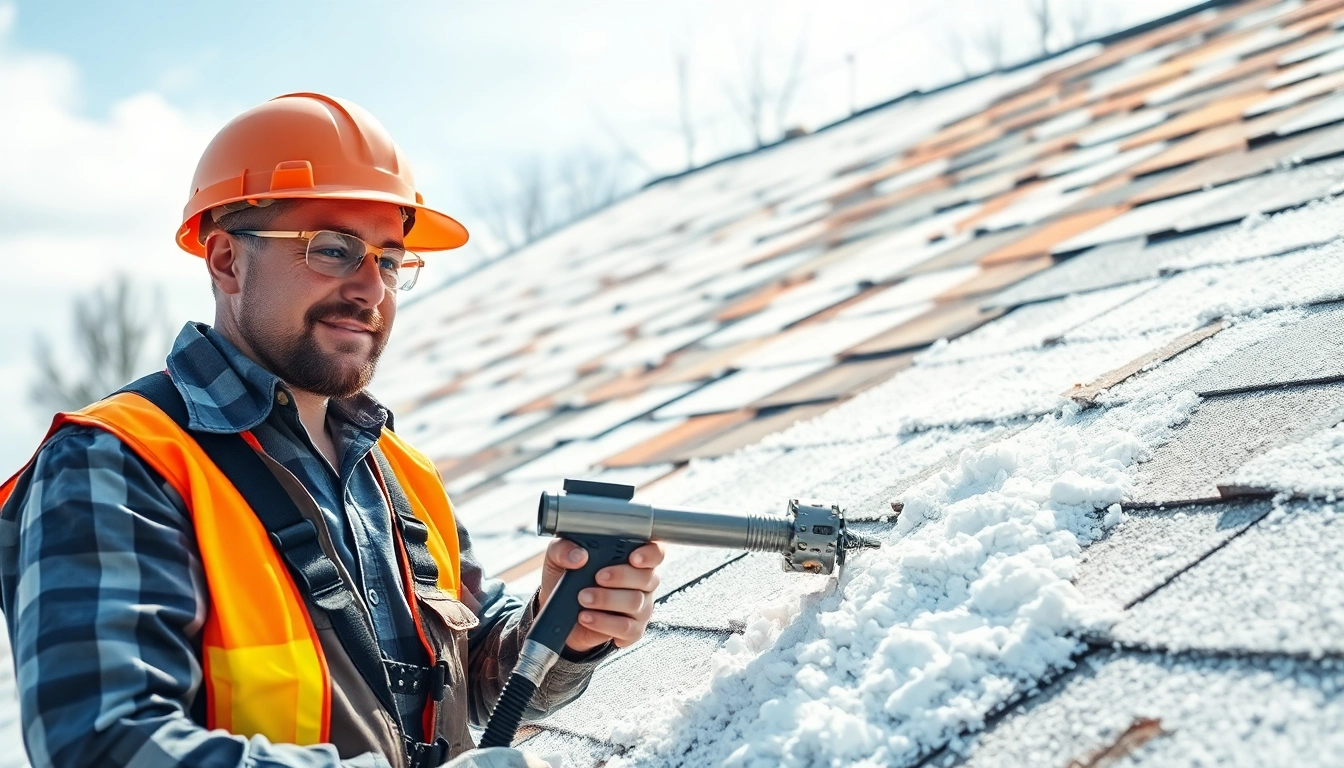 Contractor demonstrating effective roof spray foam removal techniques in a bright, residential environment.