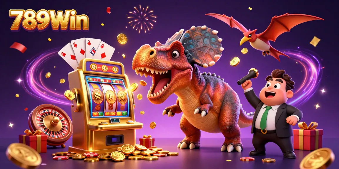Catch the excitement of 789Win with a dinosaur winning jackpots and flying coins in this vibrant casino scene.