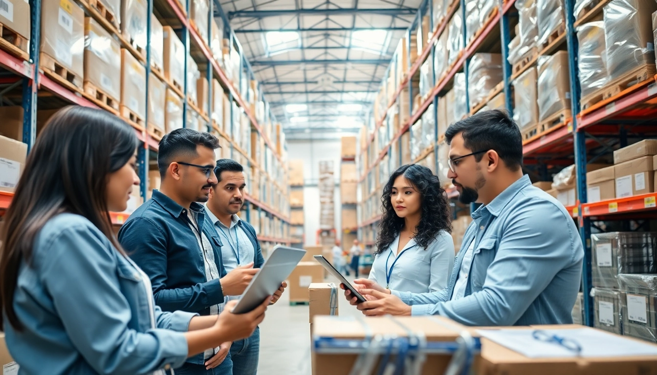 Lot tracking software in action with a diverse team analyzing inventory data in a modern warehouse setting.