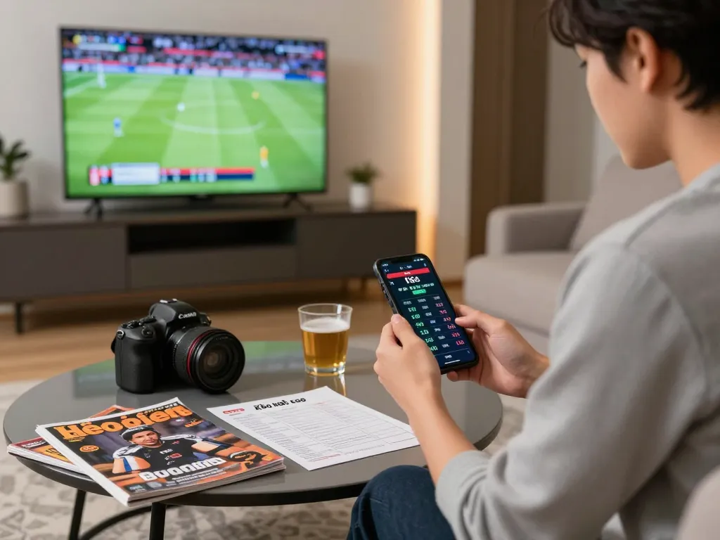 Kèo nhà cái displayed on smartphone while placing bets in a stylish home setting