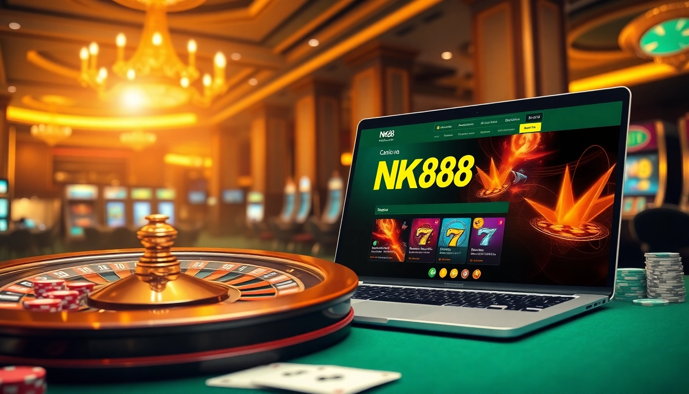 NK88 nhà cái offers an exciting casino experience featuring roulette wheels, poker chips, and online gaming interfaces.