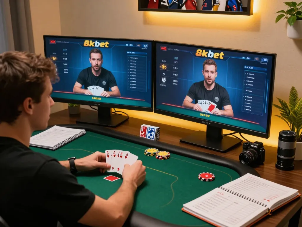 Player strategizing in an online poker game at 8kbet, dual-screen setup showcasing intense gameplay.