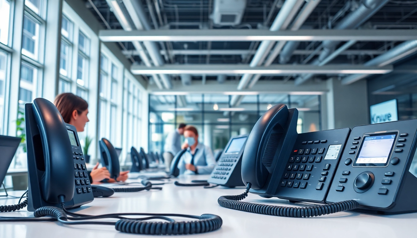 Showcasing modern telephone systems in a professional office environment with advanced features.