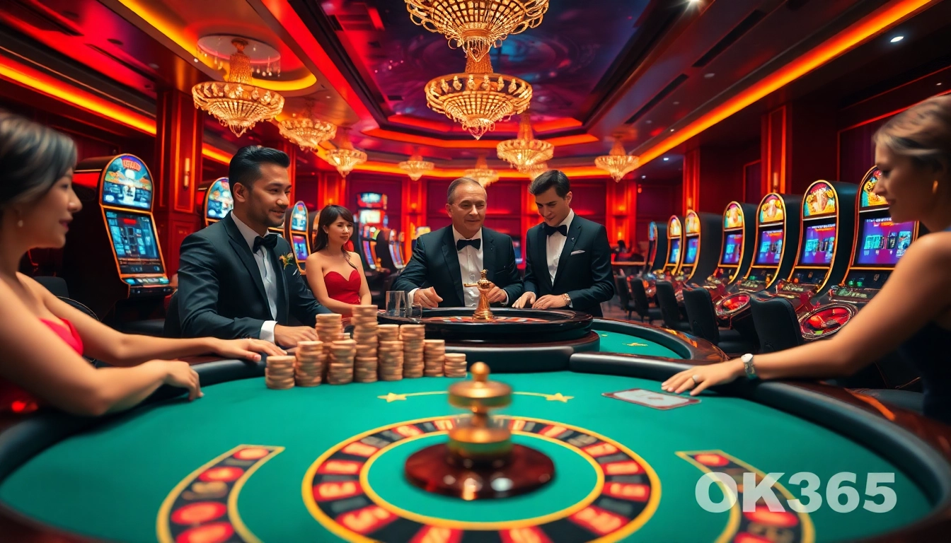 Exciting casino gameplay scene involving players at OK365 poker table with vibrant slot machines.