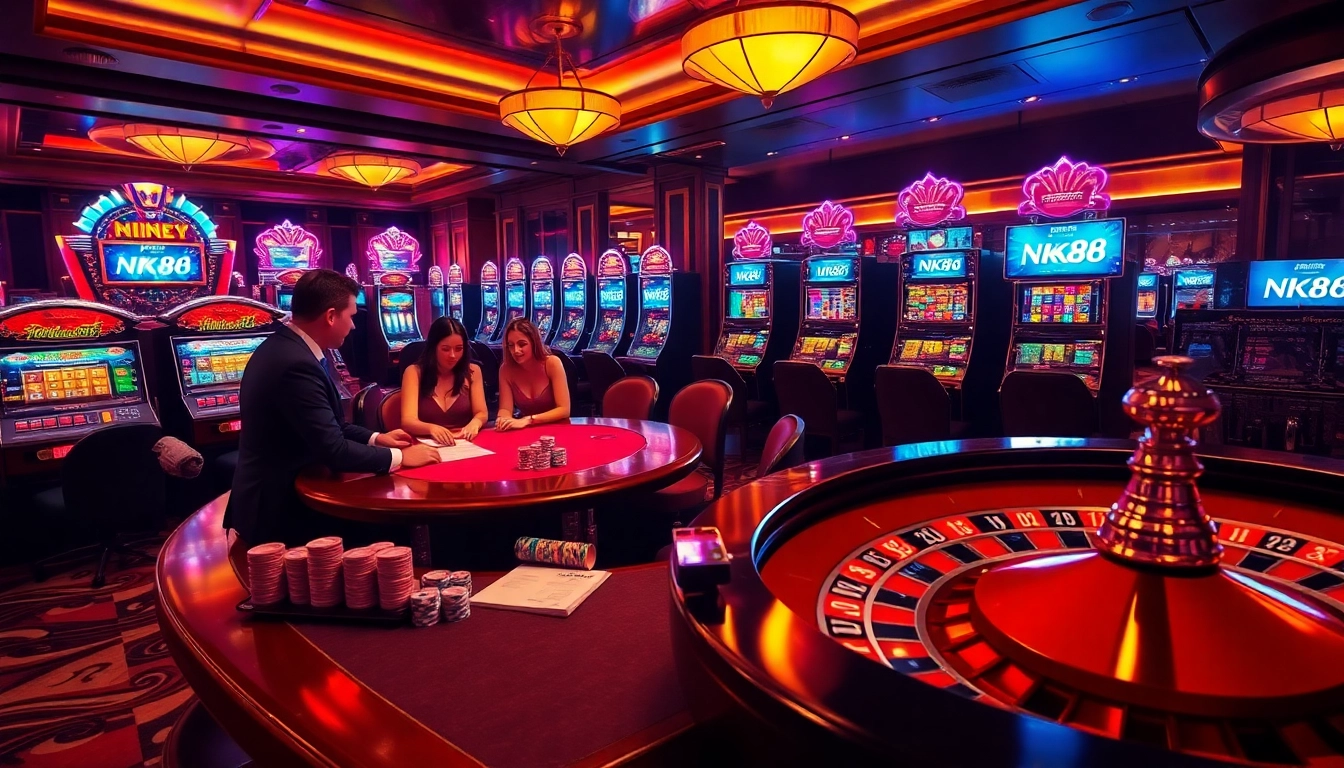 Experience thrilling gameplay at NK88 with engaging poker tables and vibrant slot machines.