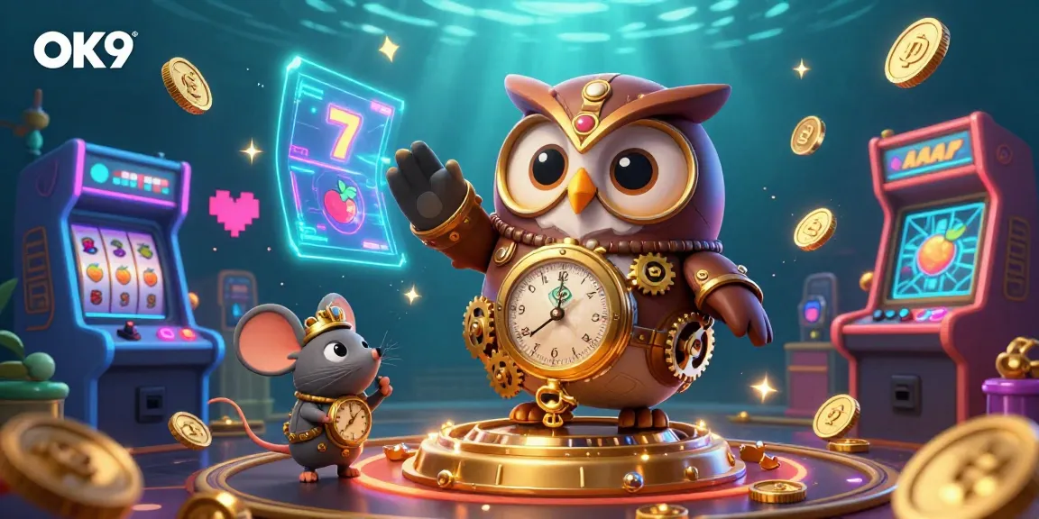 OK9 enhances thrills with steampunk owl and casino elements in a vibrant 3D scene.