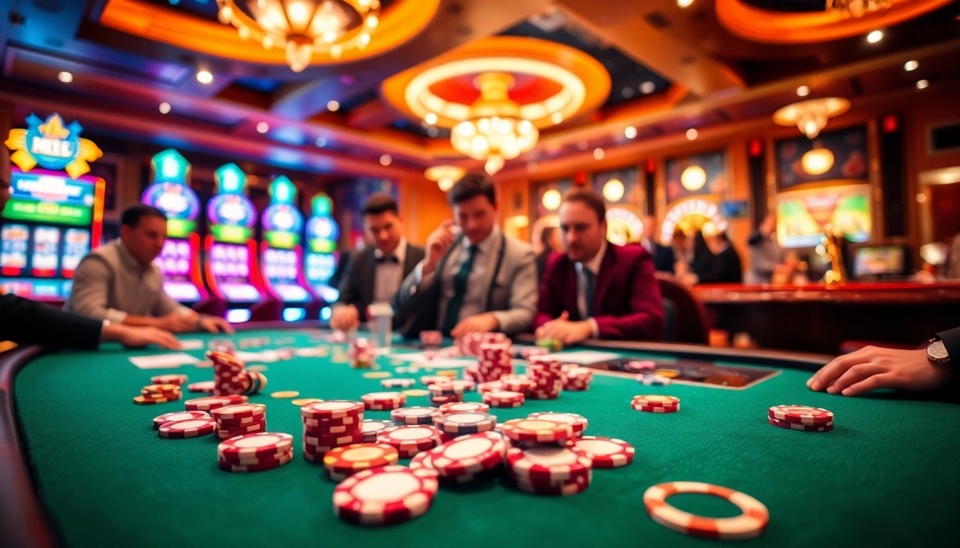 Excited players at a poker table with poker chips and cards, link vào jun88 casino gaming.