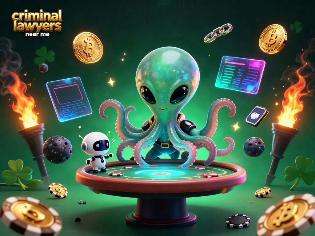 Engage with criminal lawyers near me as a cartoon alien octopus manages a holographic poker table in a vibrant cosmic setting.