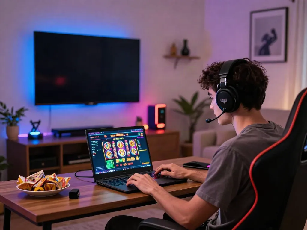 LU88 online gaming experience featuring a player focused on laptop, vibrant room atmosphere.