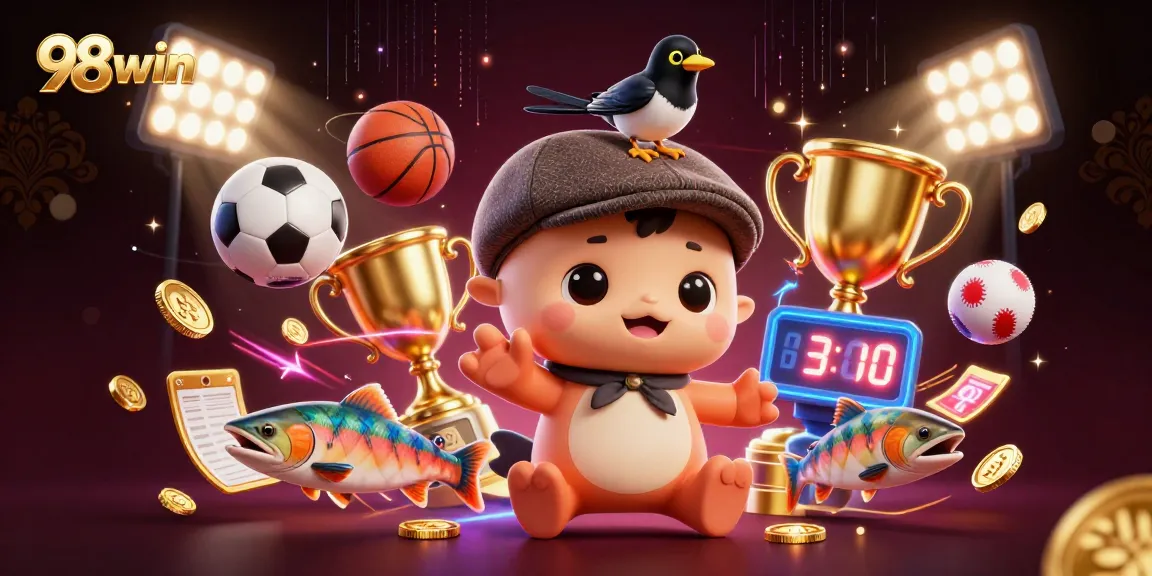 Win big with 98win in a vibrant, action-packed gambling scene featuring dynamic sports elements.