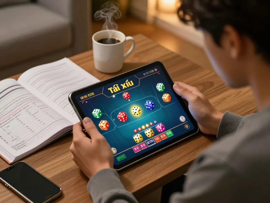 Tài xỉu online gaming in a cozy home setting, focused player strategizing with tablet.