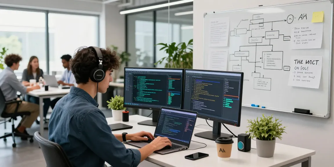 AI developer coding on laptops with visual data, focusing on ia +18 advancements.