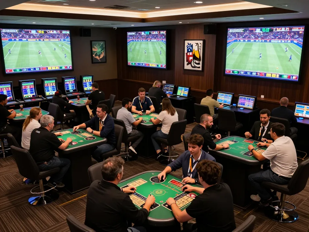 SBOBET sports betting enthusiasts engaged in live betting surrounded by screens displaying games.