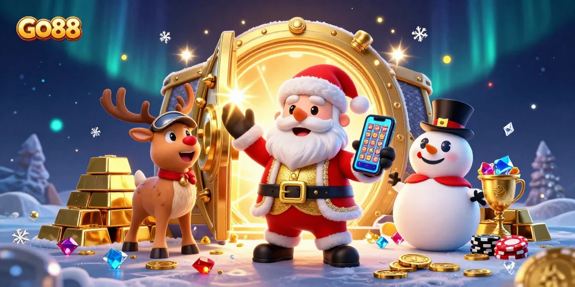 Engage in exciting gaming at GO88 with Santa celebrating jackpots amidst sparkling treasures.