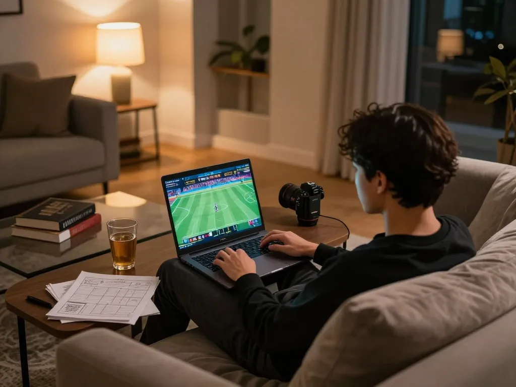 Engaging in online sports betting with de bet app on laptop in a cozy home setting.