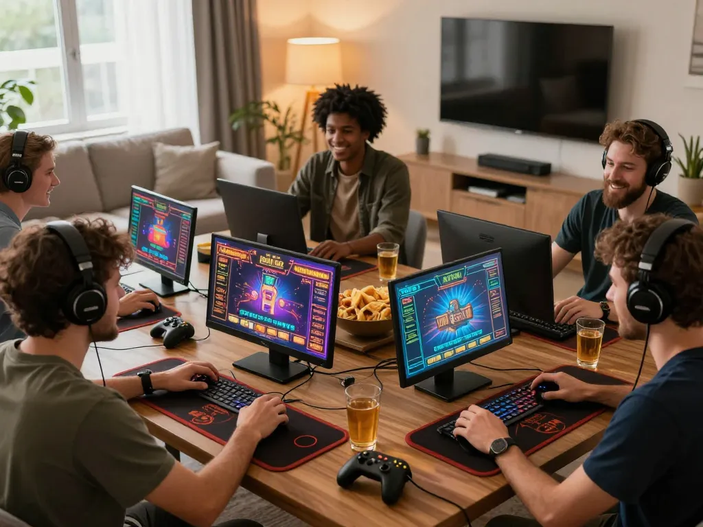 Exciting gaming atmosphere with players engaging on 399W platform from home.