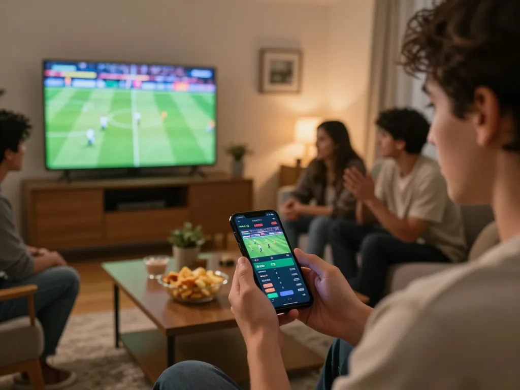 Engaging in live sports betting action at home with 3 Win platform, surrounded by snacks and friends