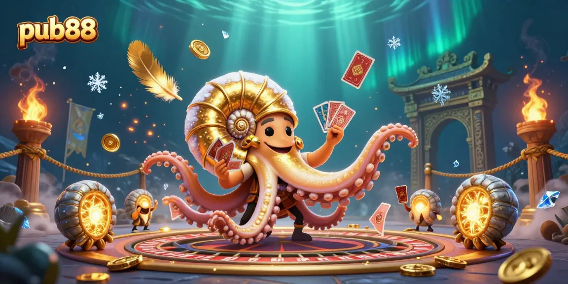 Engage with pub88 in a vibrant casino scene featuring a giant nautilus roulette wheel and glowing fossil companions.