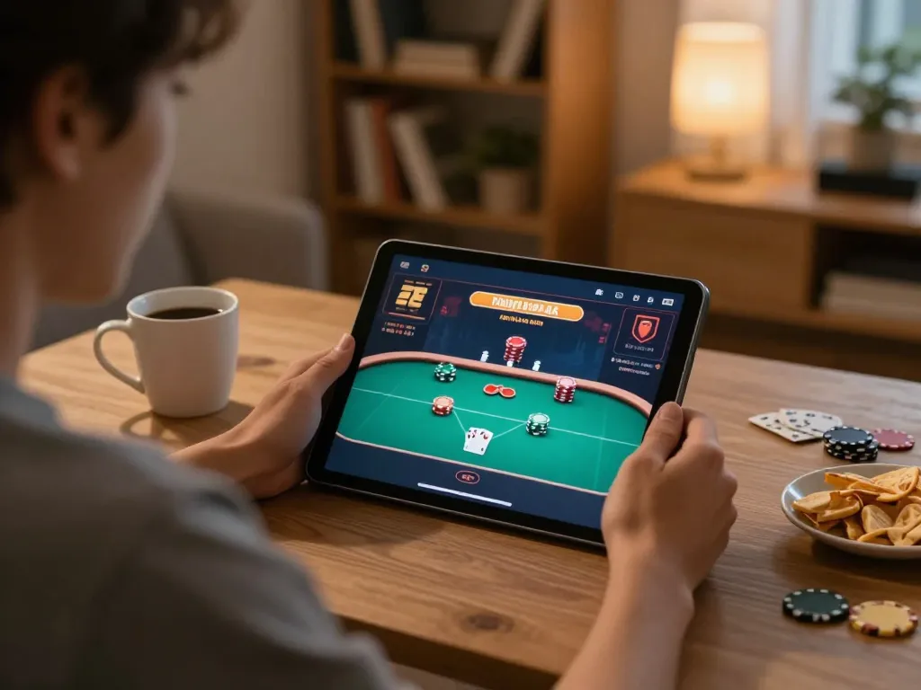 The player enjoys an online poker game at home, embodying the excitement of 789win casino gaming.