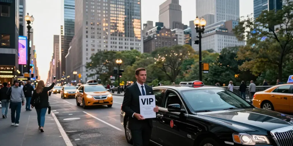 Chauffeur service NYC with a professional driver welcoming a passenger in a luxury black sedan on city streets.