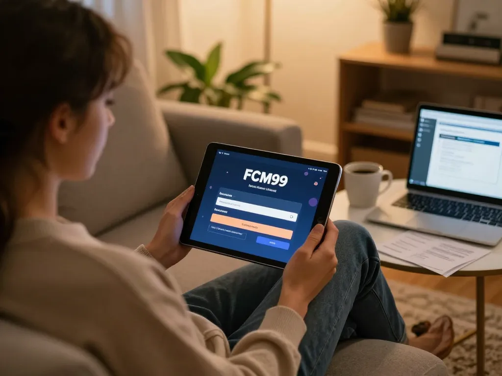 Login to FCM99 through an engaging home gaming setup with a tablet displaying the interface.
