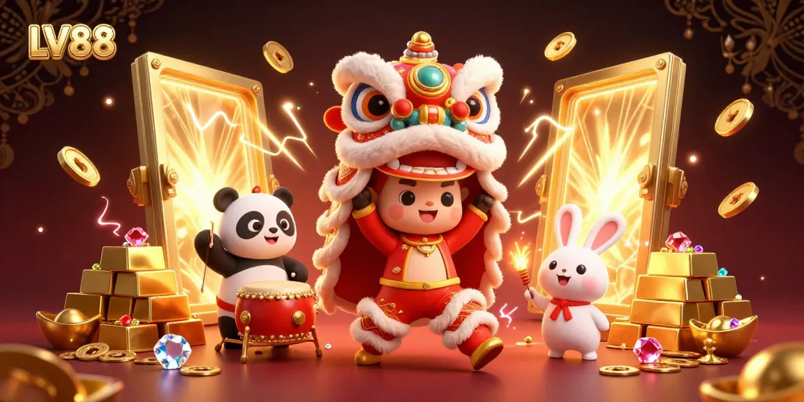 Experience the vibrant energy of LV88 with a colorful lion dance, surrounded by casino treasures and excitement.