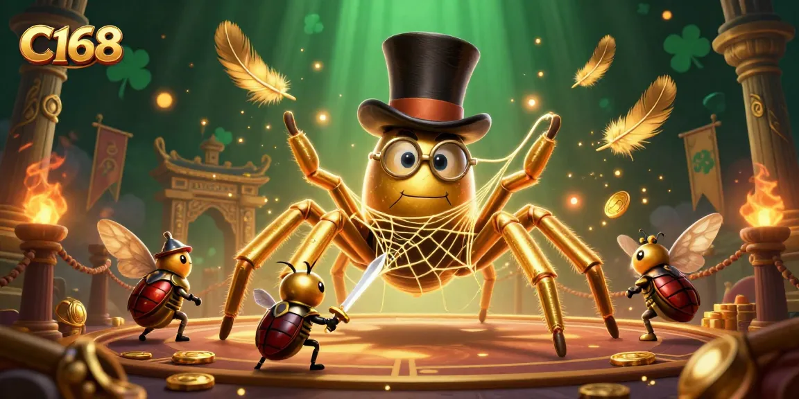 Join the adventure at C168, where a giant tarantula and courageous beetle knight meet in an enchanting casino web.