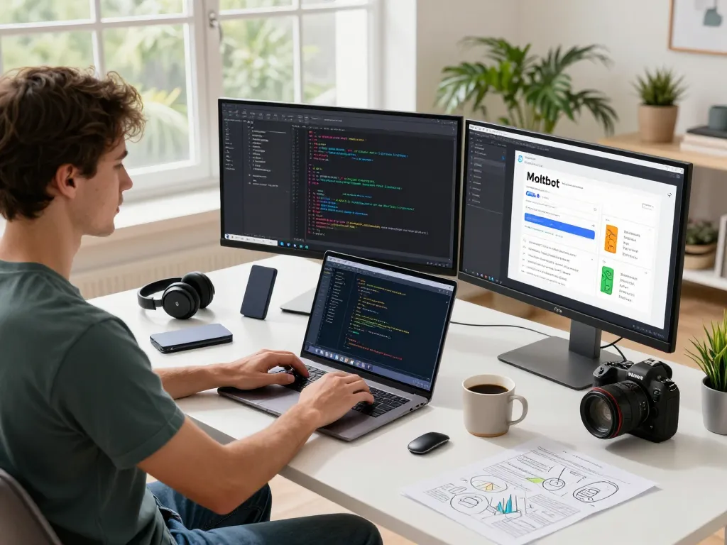 MoltBot in a modern workspace with developer coding and dual monitors showcasing task automation.