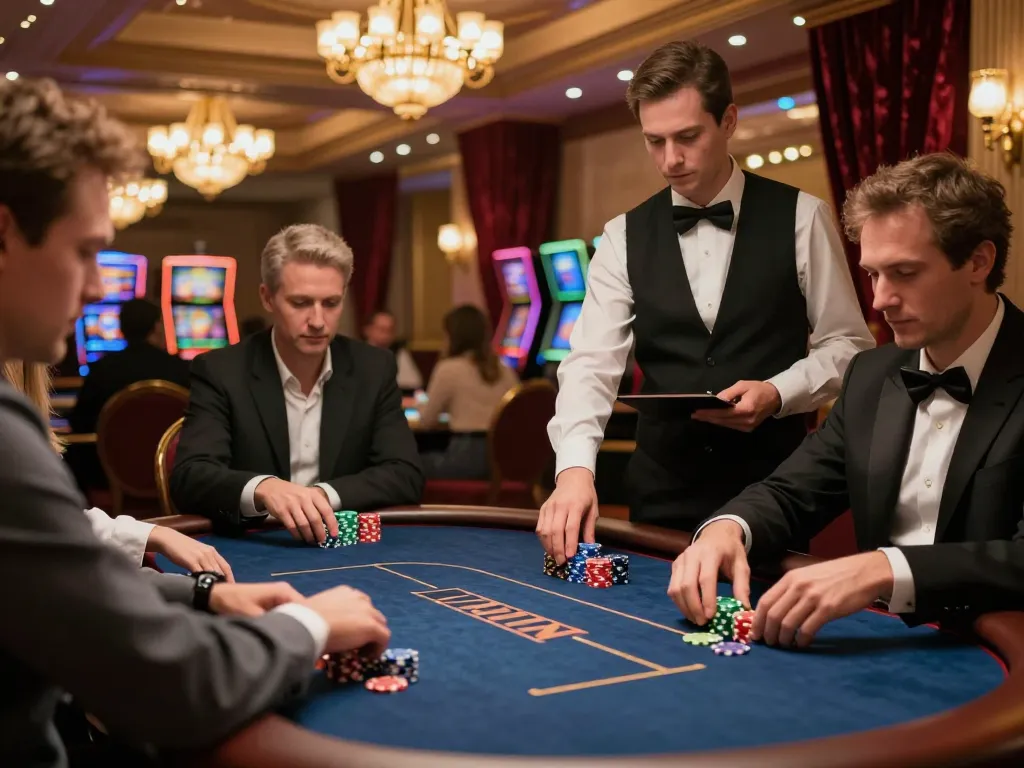 Players at a high-stakes poker game engaging with SC88 chips under warm casino lighting
