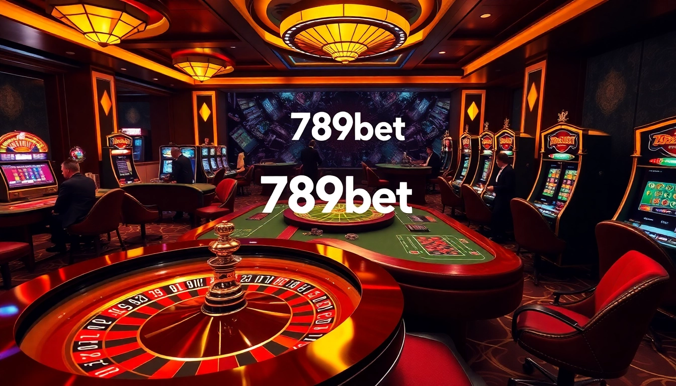 Excited players enjoying various games at 789bet casino with roulette wheel and poker tables.