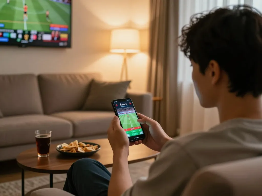 Engaging kèo nhà cái betting scene at home with a person using a smartphone for sports betting.