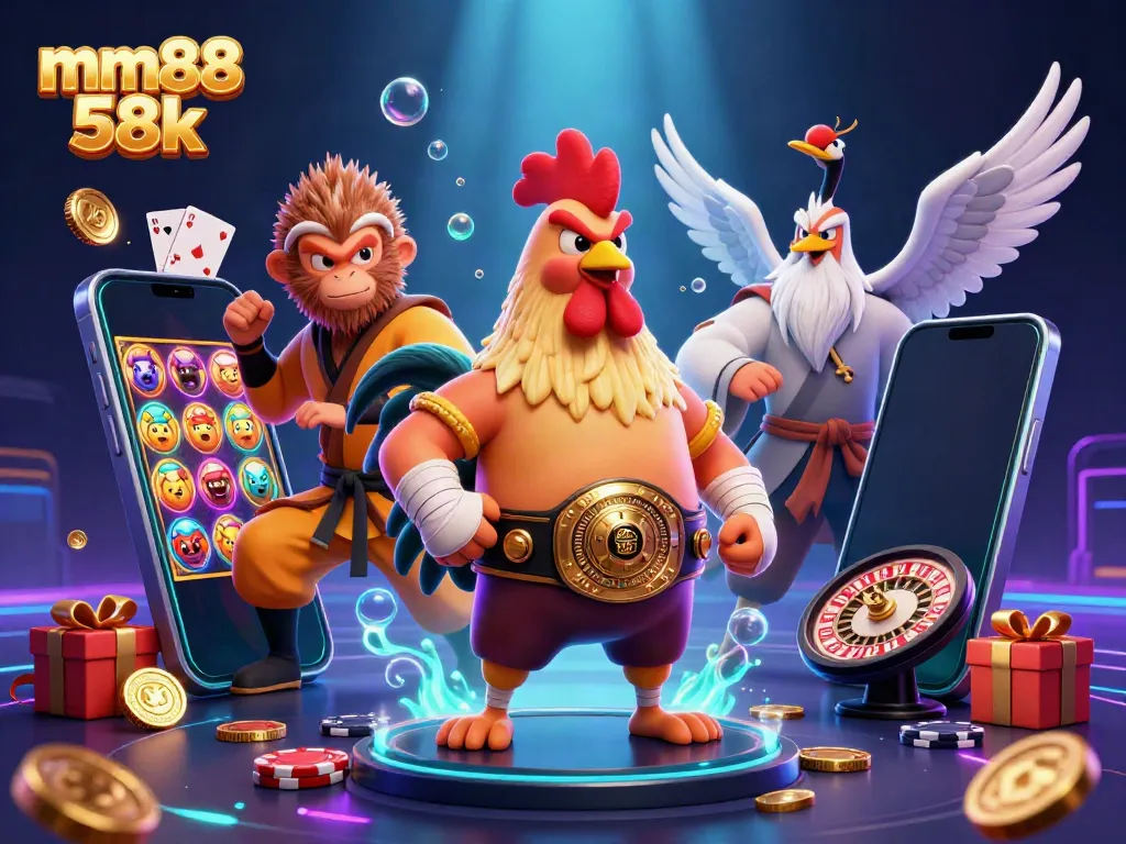 Experience the excitement of mm88 58k with lively characters amidst a dynamic casino scene full of vibrant game elements.