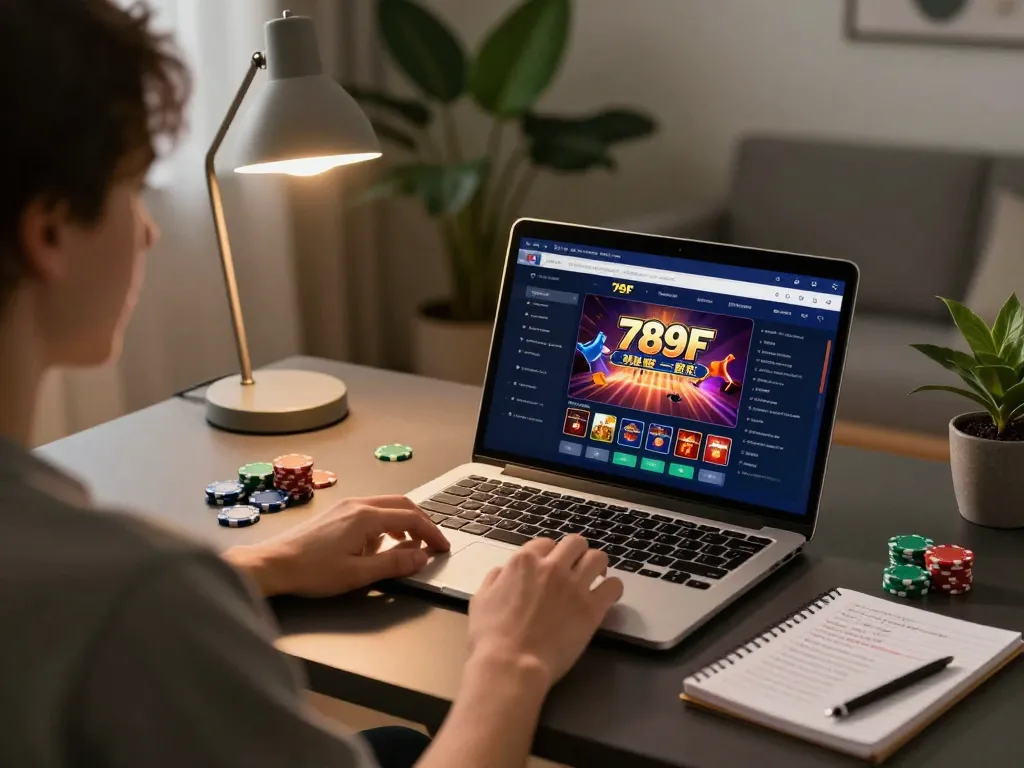 Person engaging with the 789F online casino app on a laptop, showcasing a strategic gaming setup.
