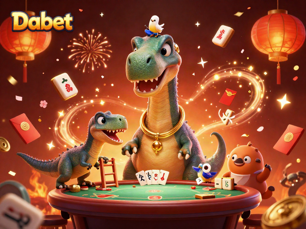 Dabet brings excitement with a towering brontosaurus dealing poker cards in a vibrant casino scene.