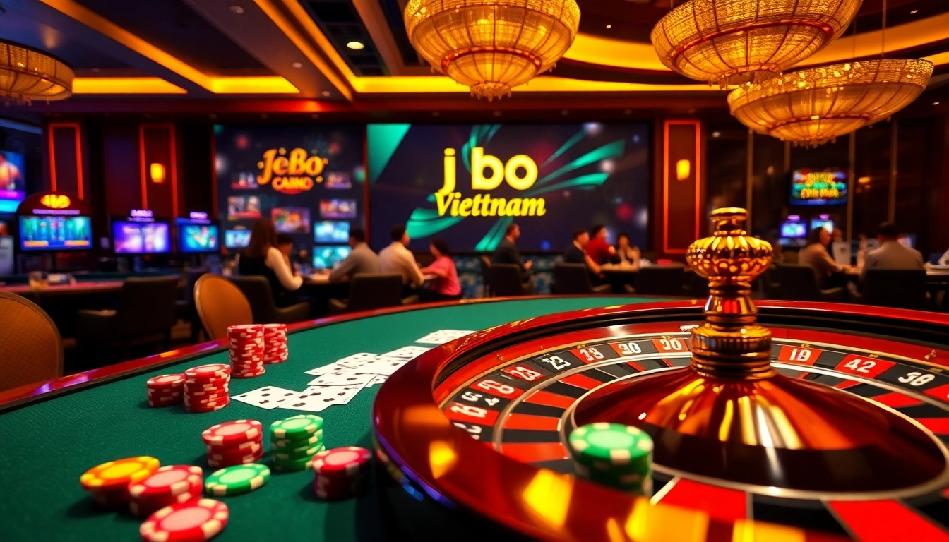 Experience the thrill of jbo vietnam on a luxurious casino table filled with poker chips and cards.