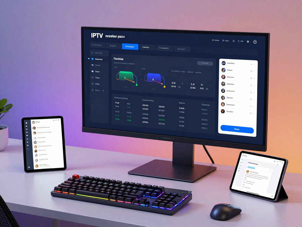 IPTV reseller panel interface visualisation with advanced cloud technology metrics and user insights on a modern workspace setup.