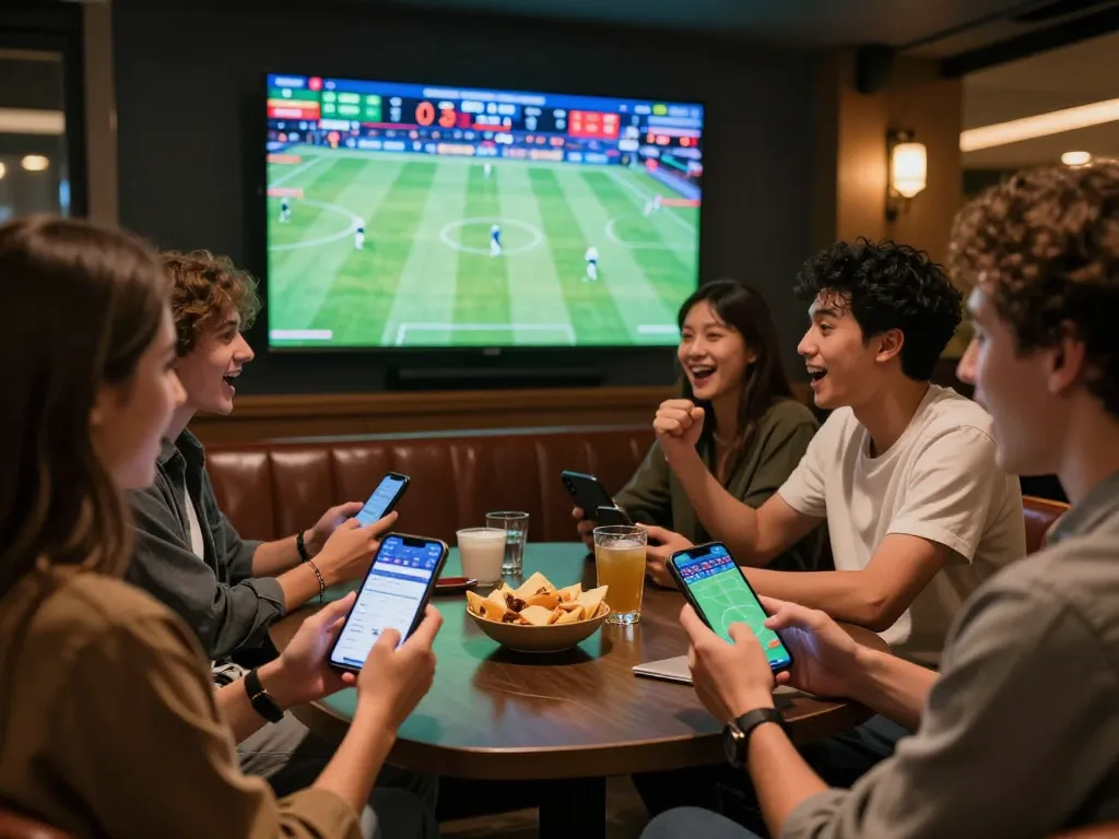 Soi keo nha cai with friends excitedly engaging in sports betting while watching a live match on TV.