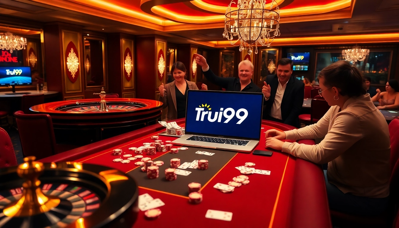 ฉากคาสิโนออนไลน์ Tru99 พร้อมเกมโป๊กเกอร์ที่คึกคัก ประกอบด้วยชิป ไพ่ และรูเล็ต