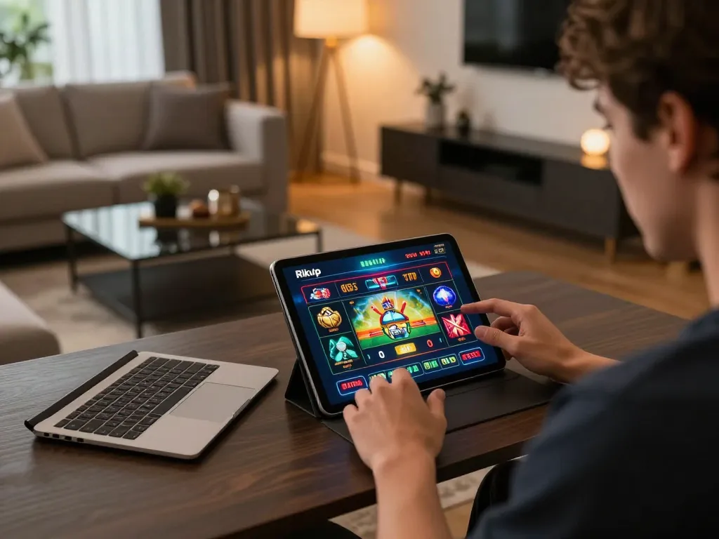 Engaging user playing on the Rikvip casino app, showcasing online gambling excitement in a cozy setting.