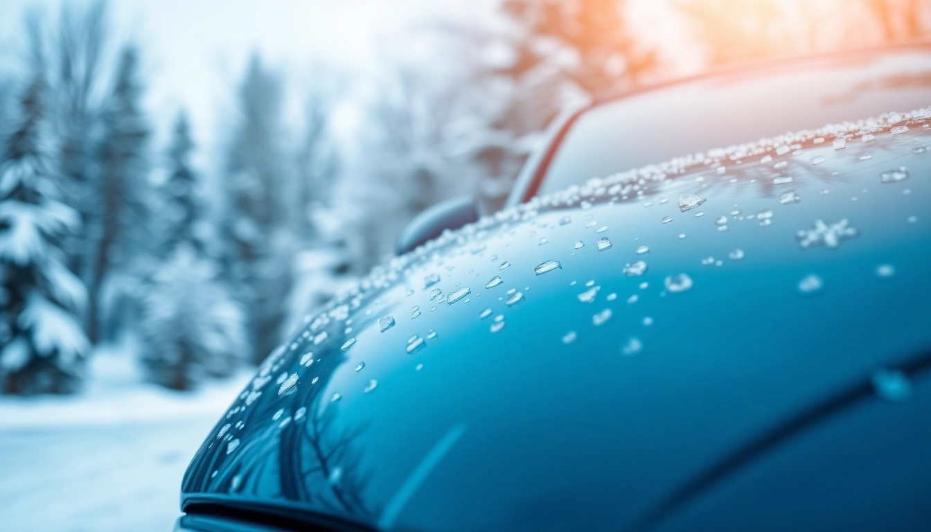 PPF winter road salt protection for vehicles showcased with a protective film in a winter setting.