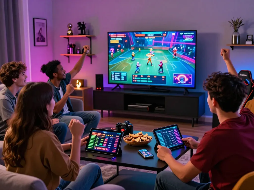 Friends engaging with online games on https://rikbet.in.net/ in a vibrant living room.