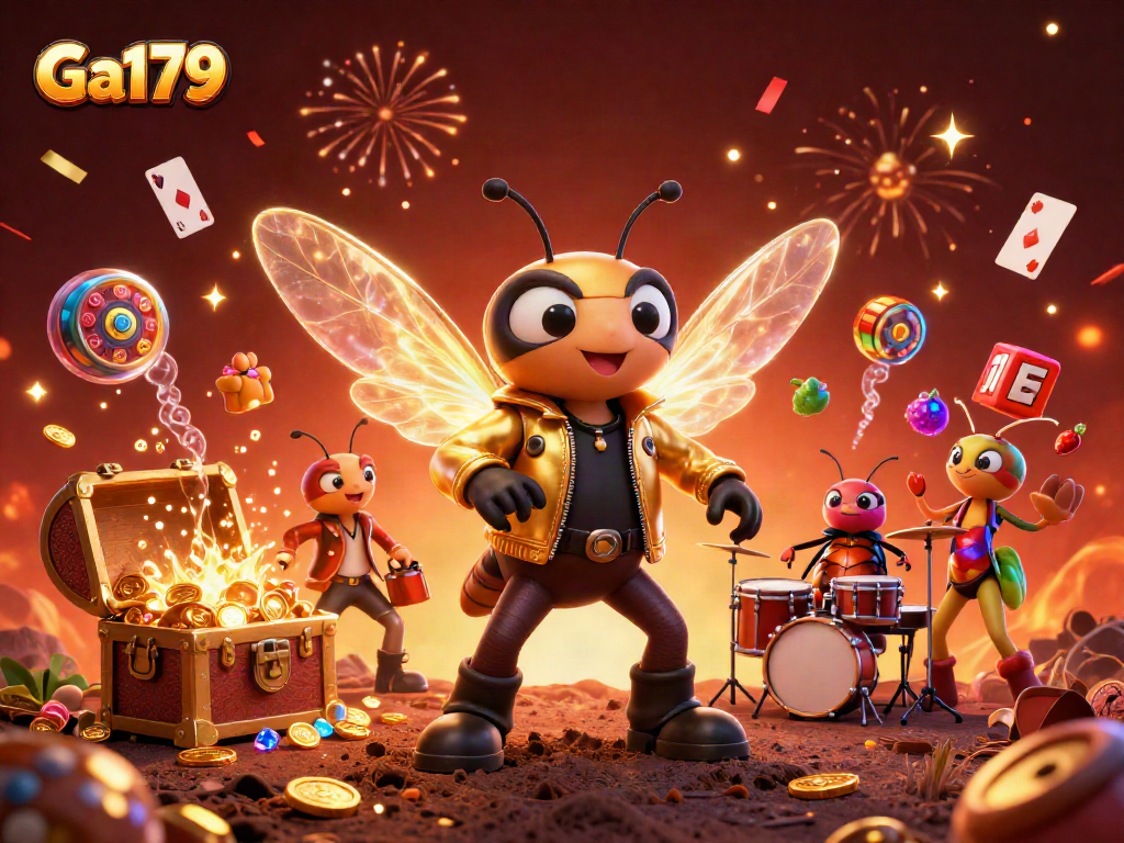 Win big with Ga179 in this vibrant casino scene featuring a cicada rock star.