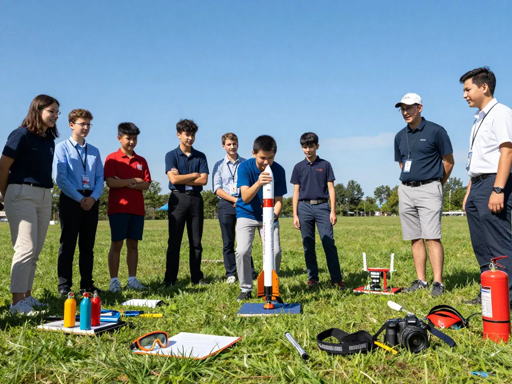Students preparing to launch model rocket engines at a STEM event in a vibrant outdoor setting.