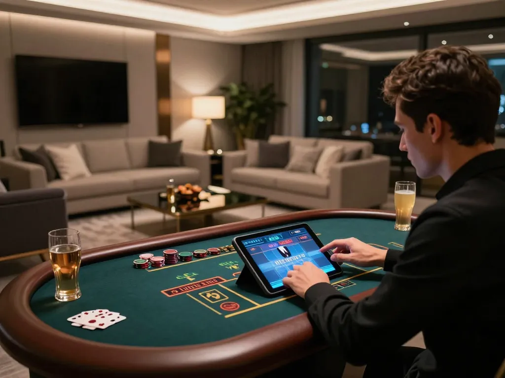 Engaging in SHBET COM online gaming on tablet with snacks in cozy decor