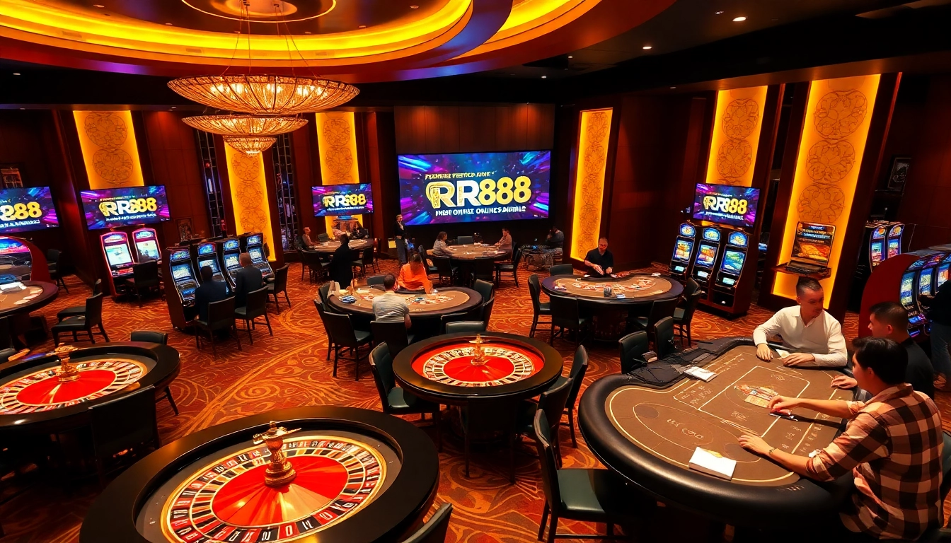 Engage in exciting games at RR88 casino, featuring vibrant tables, chips, and a luxurious atmosphere.