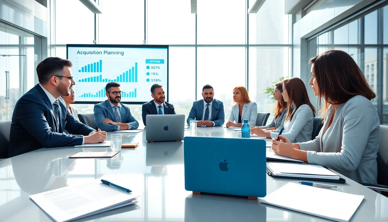 Engaged team in a business meeting on Acquisition Planning, discussing strategies and metrics.