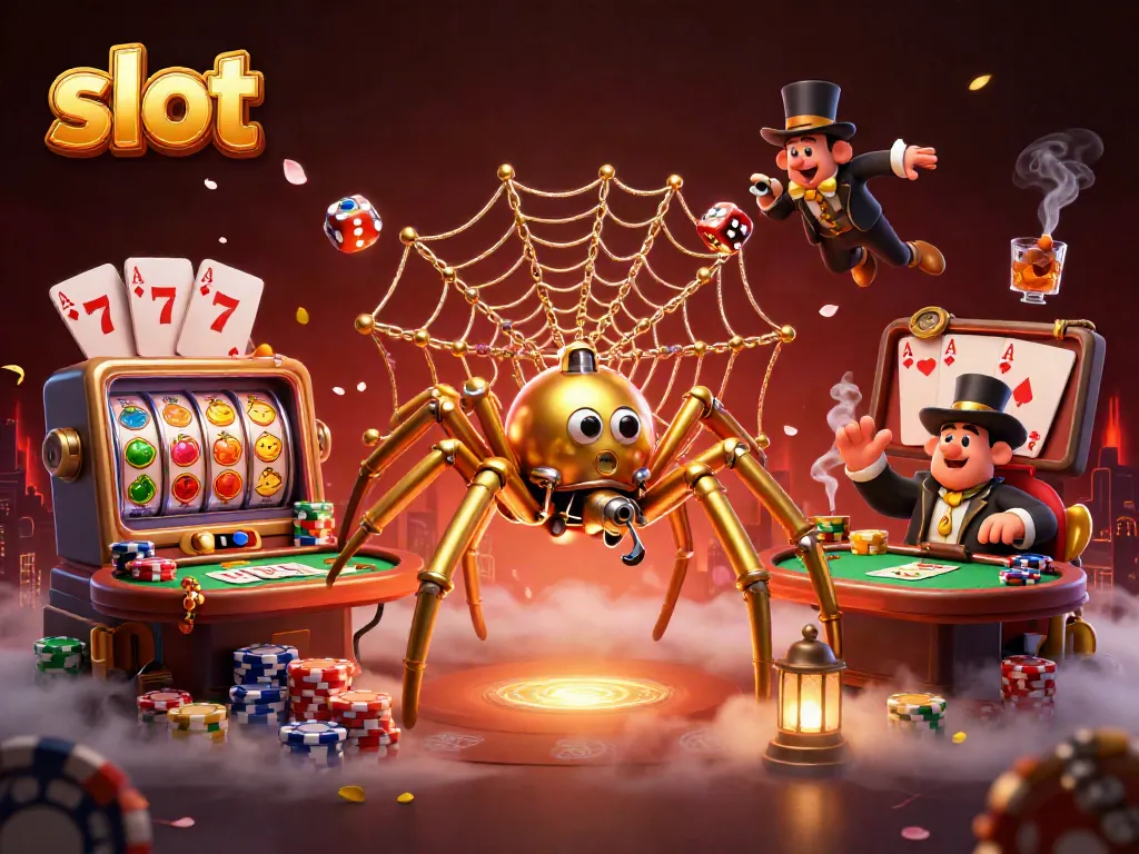 Experience thrilling slot action with a steampunk spider & Victorian character amidst dynamic casino elements.