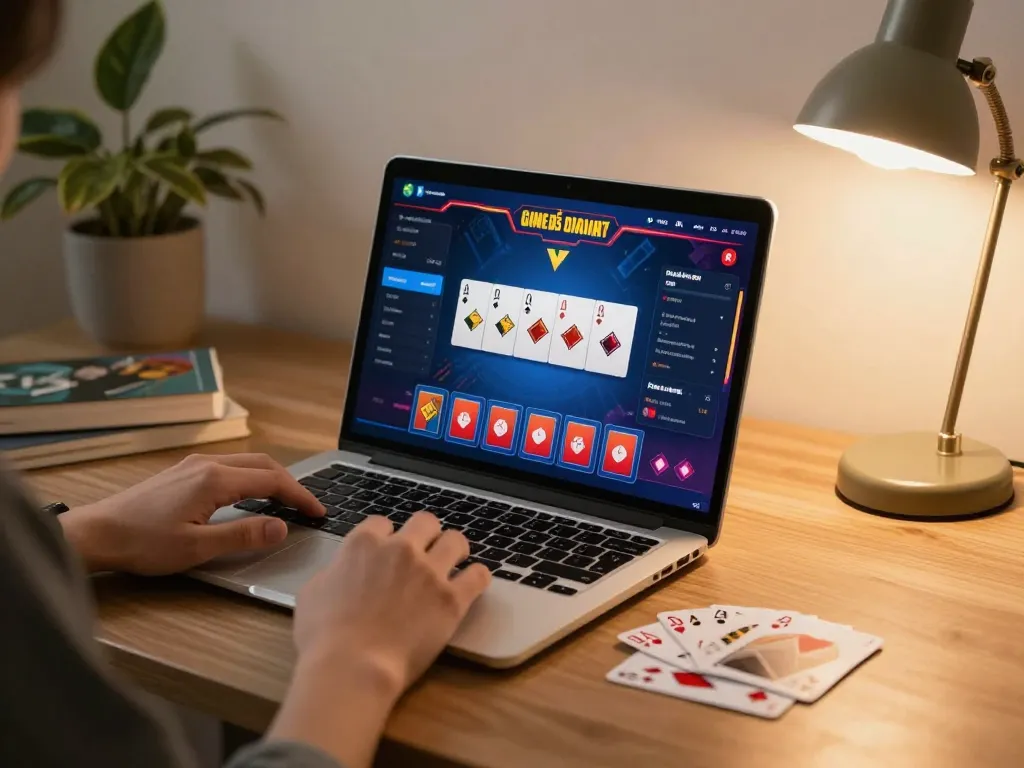 Player enjoying game bài đổi thưởng on a laptop in a cozy home setting, highlighting vibrant gaming interface.