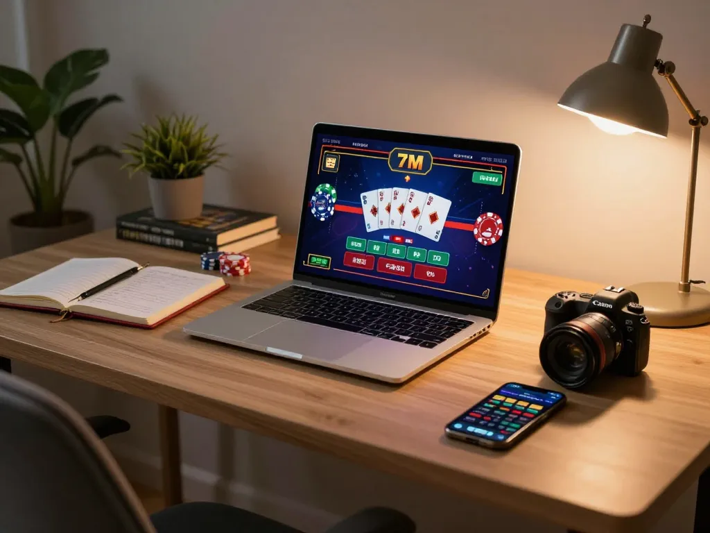 Player engaging in 7M online gaming with laptop showcasing strategic card play.